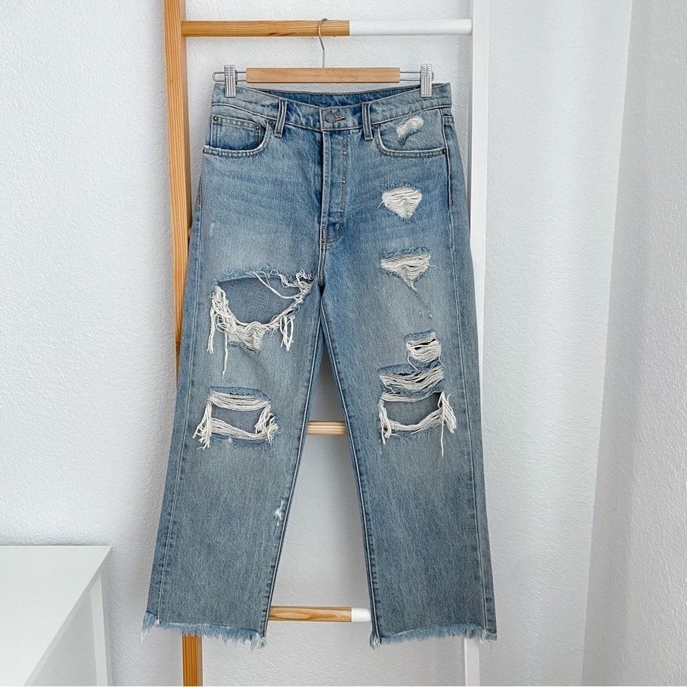 Carmar Ripped Distressed Mom Jeans Blue High Waisted Rise Button Fly Rae Hem 26